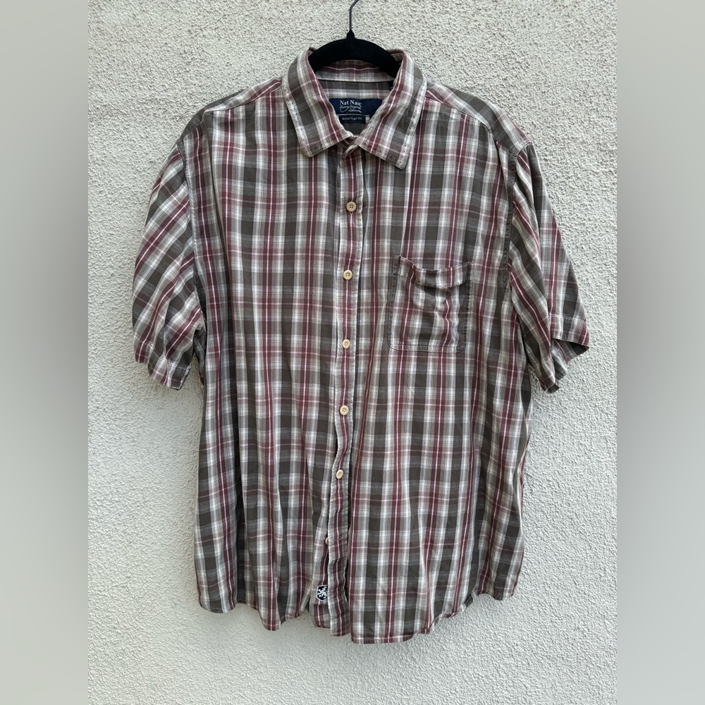 Nat Nast Men’s XL Plaid Red Silk Short Sleeve Button Down Shirt